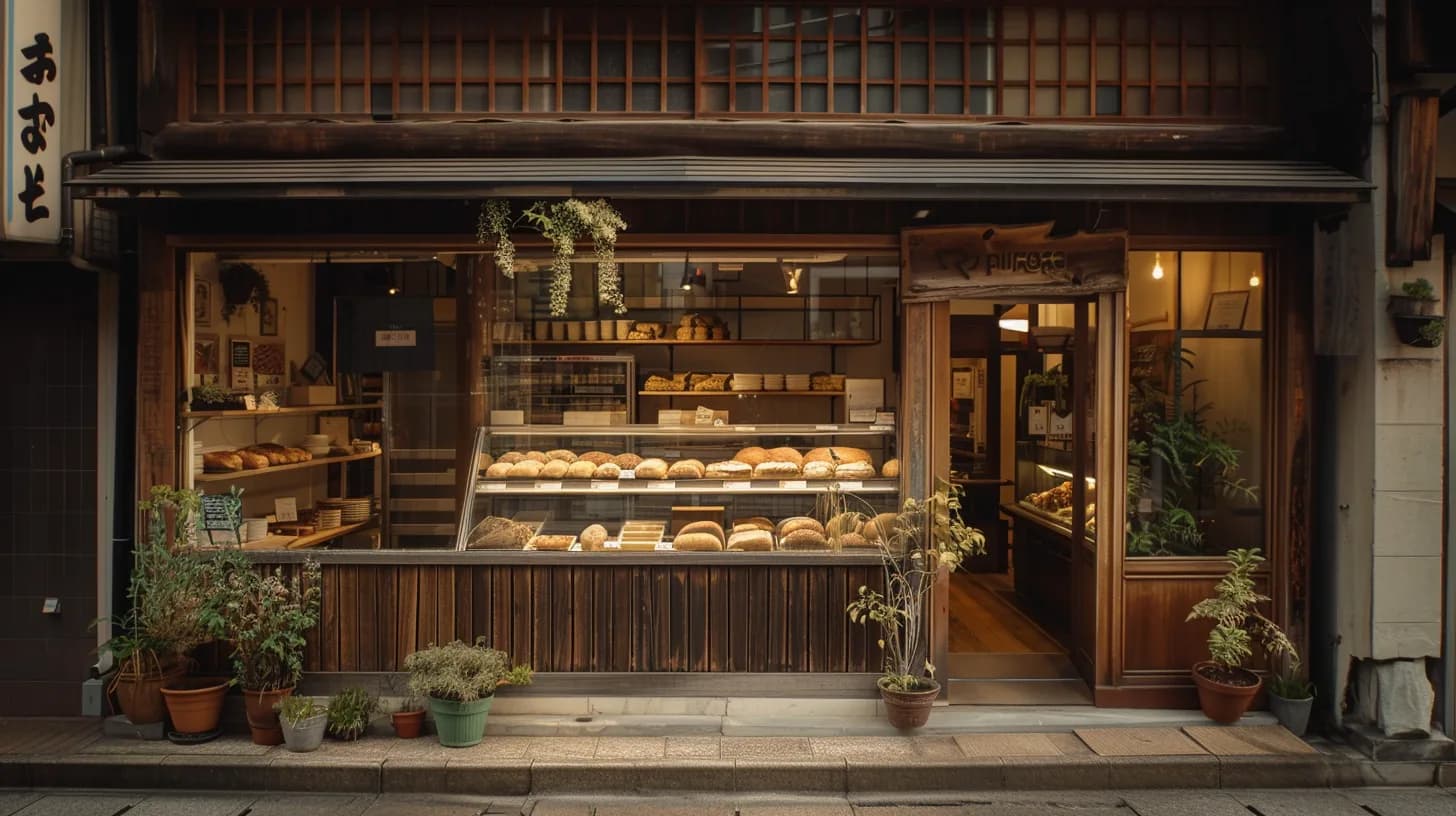 夕暮れに灯りがともる言庵ベーカリーの店先