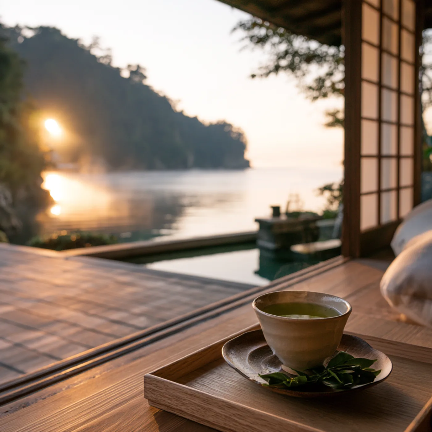 縁側で入り江を眺めながら飲む煎茶
