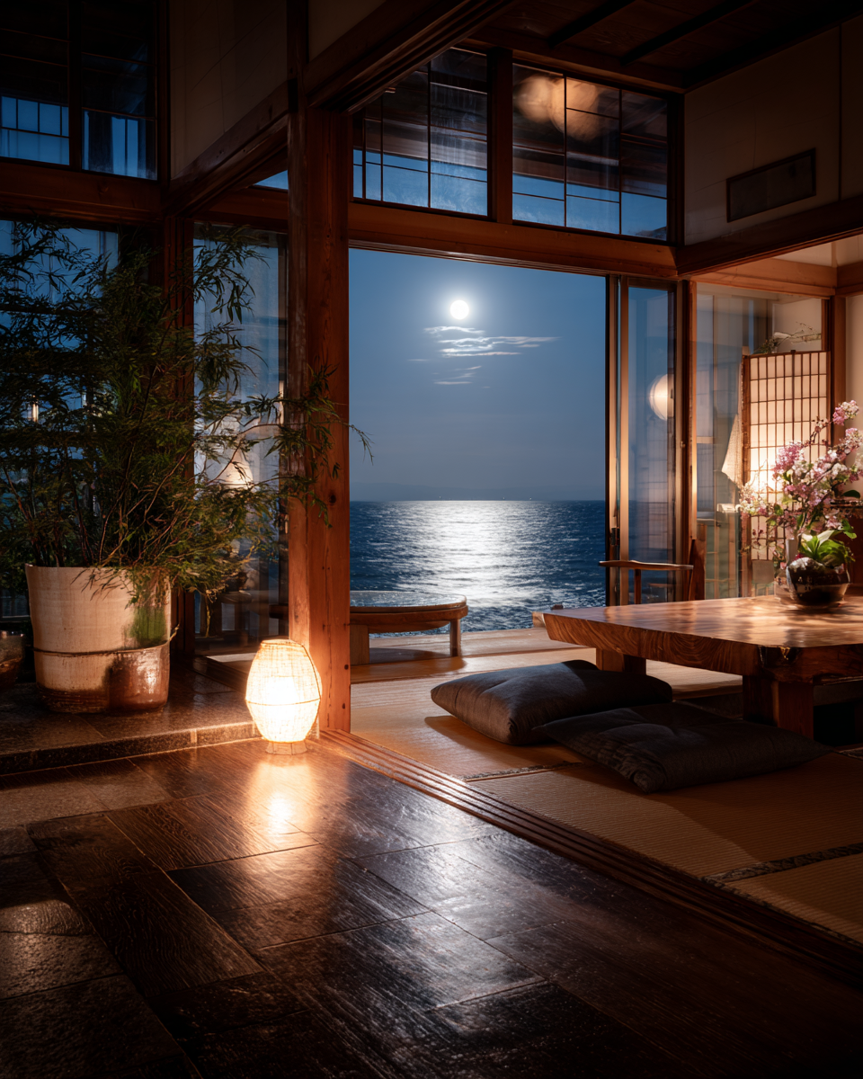月夜の海を望む和室