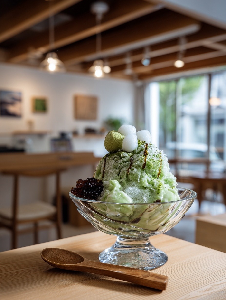抹茶のかき氷 ── ふわふわの氷に抹茶蜜と白玉、あんこを添えた一杯