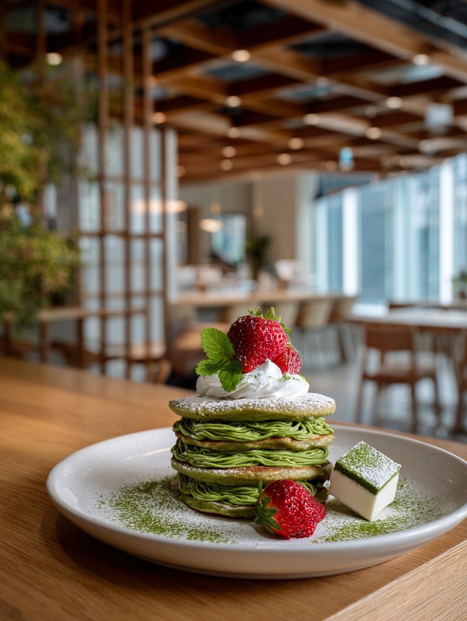 抹茶モンブランパンケーキ ── ふわふわのスフレ生地に抹茶モンブランクリームと苺を重ねた一皿