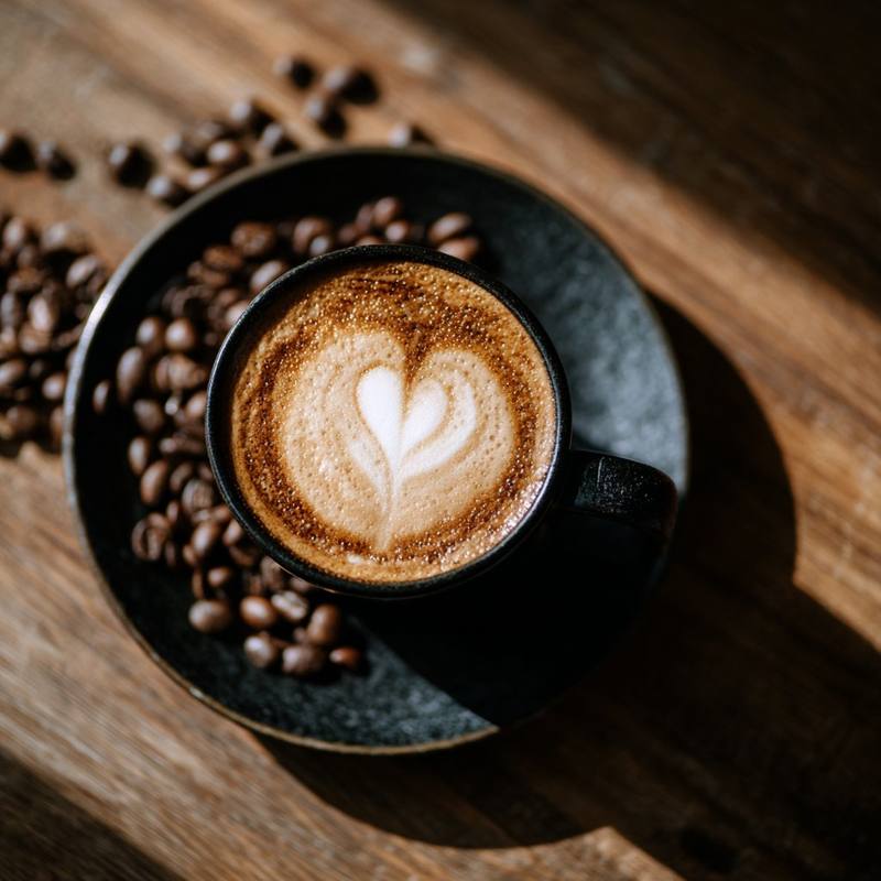 オリジナルブレンドのラテと、テーブルに散らした焙煎したてのコーヒー豆