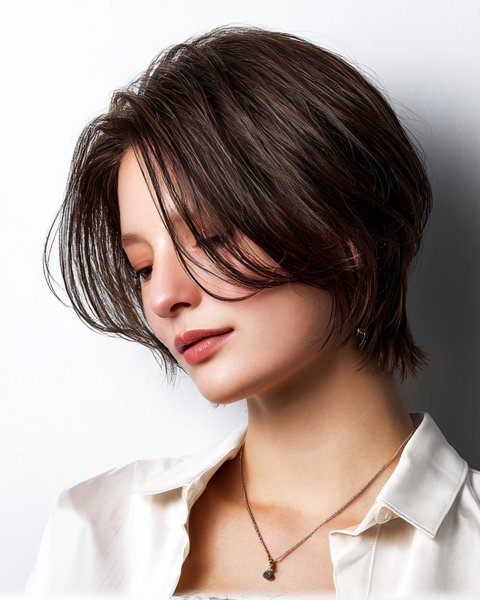ショートボブのヘアスタイル。白いシャツの女性のポートレート